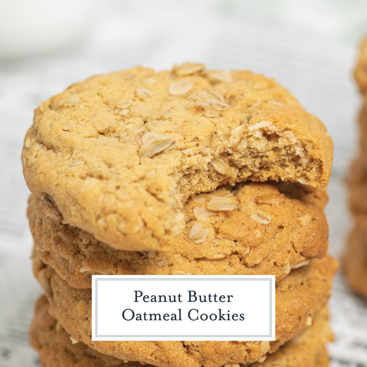 stack of peanut butter oatmeal cookies with bite taken out with text overlay for facebook