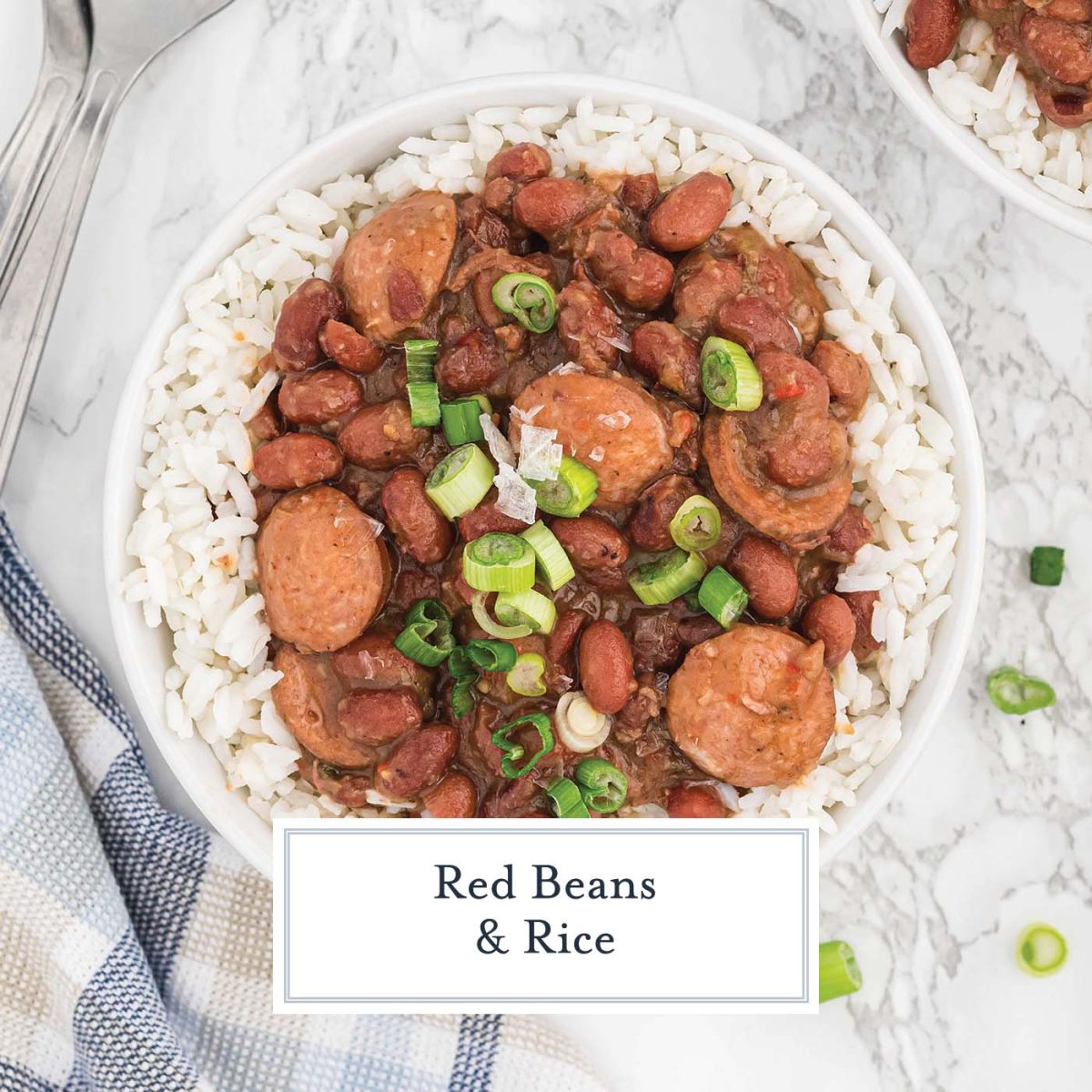 overhead view of red beans and rice with green onions and white rice 