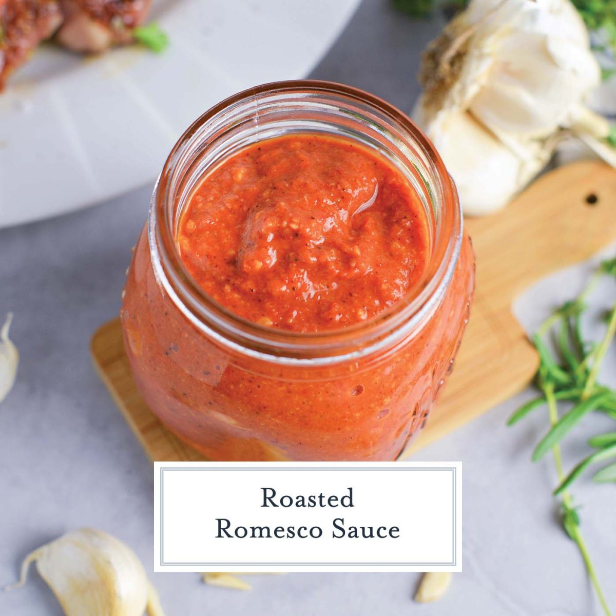 overhead angle of romesco sauce recipe in a glass jar 
