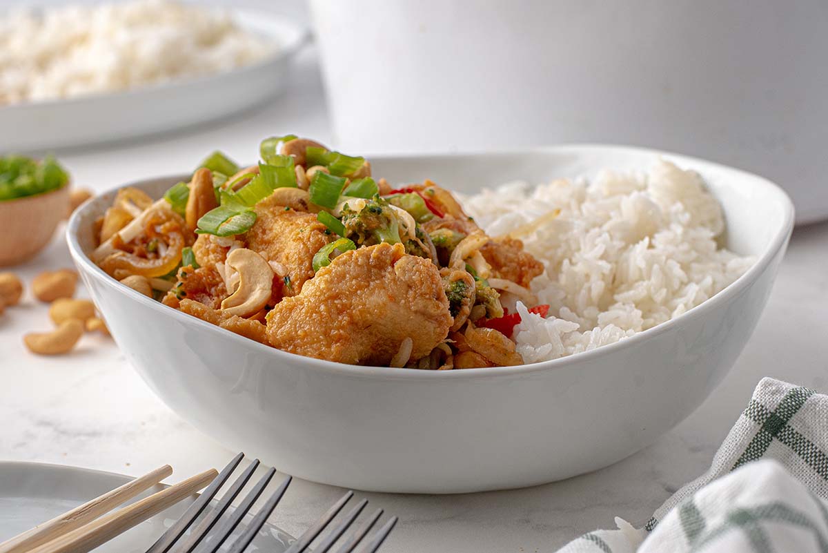 head-on angle of cashew chicken in a large bowl 