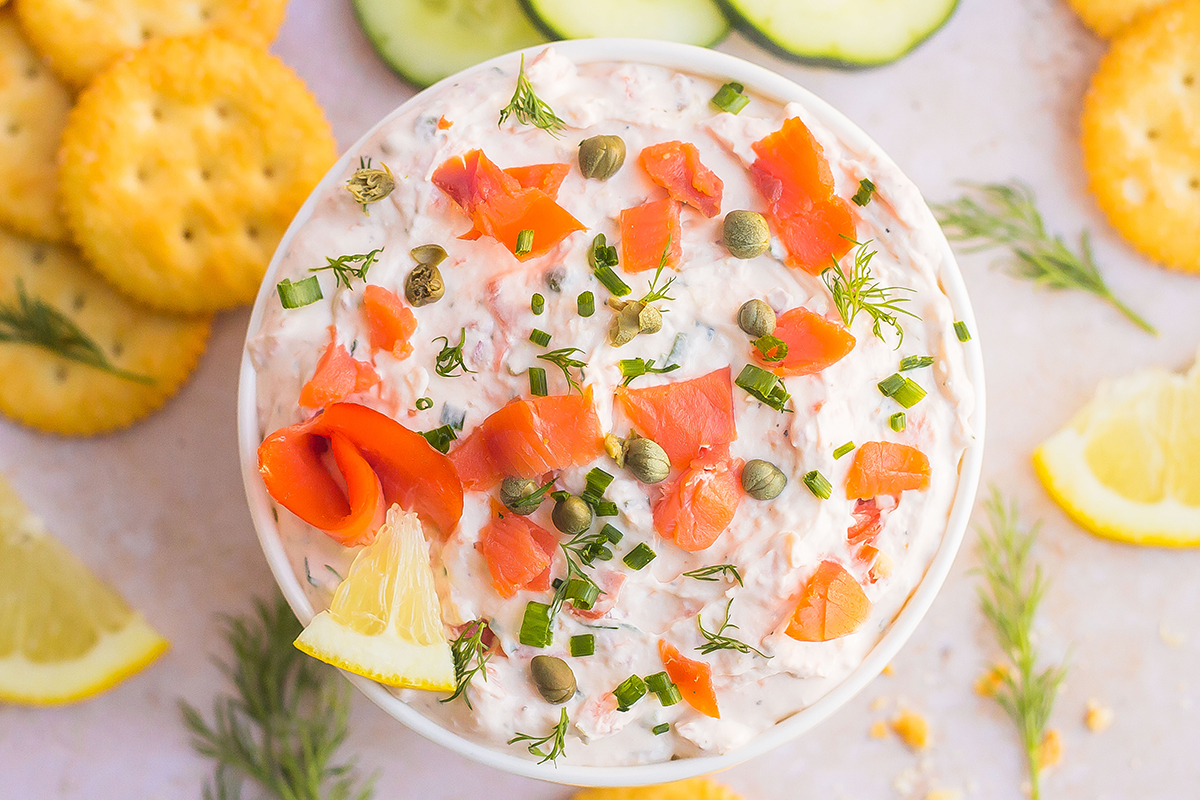 overhead shot of bowl of smoked salmon dip