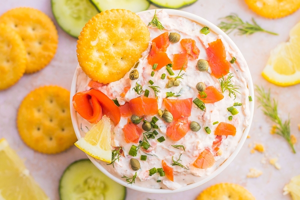 overhead shot of bowl of smoked salmon dip