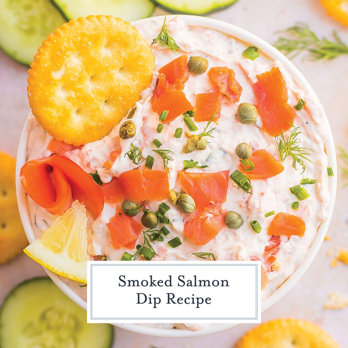 overhead shot of bowl of smoked salmon dip with text overlay for facebook