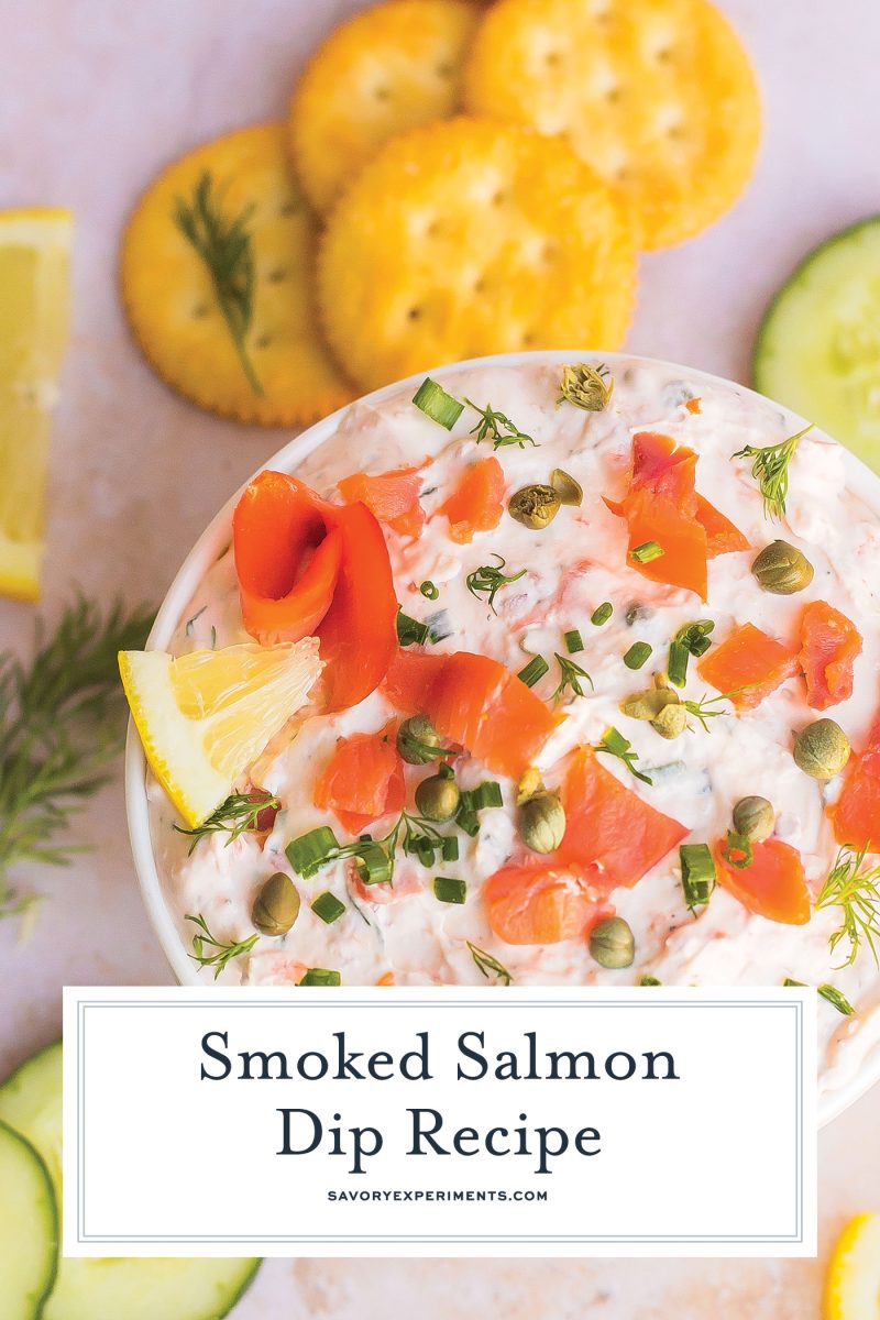 overhead shot of bowl of smoked salmon dip with text overlay for pinterest