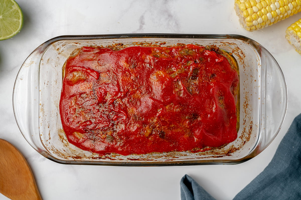 overhead shot of meatloaf in a baking dish