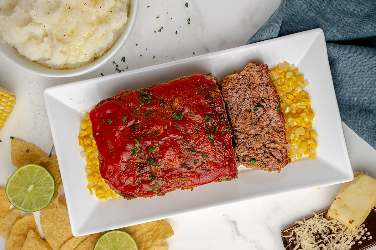 overhead shot of southwest meatloaf sliced on a plate