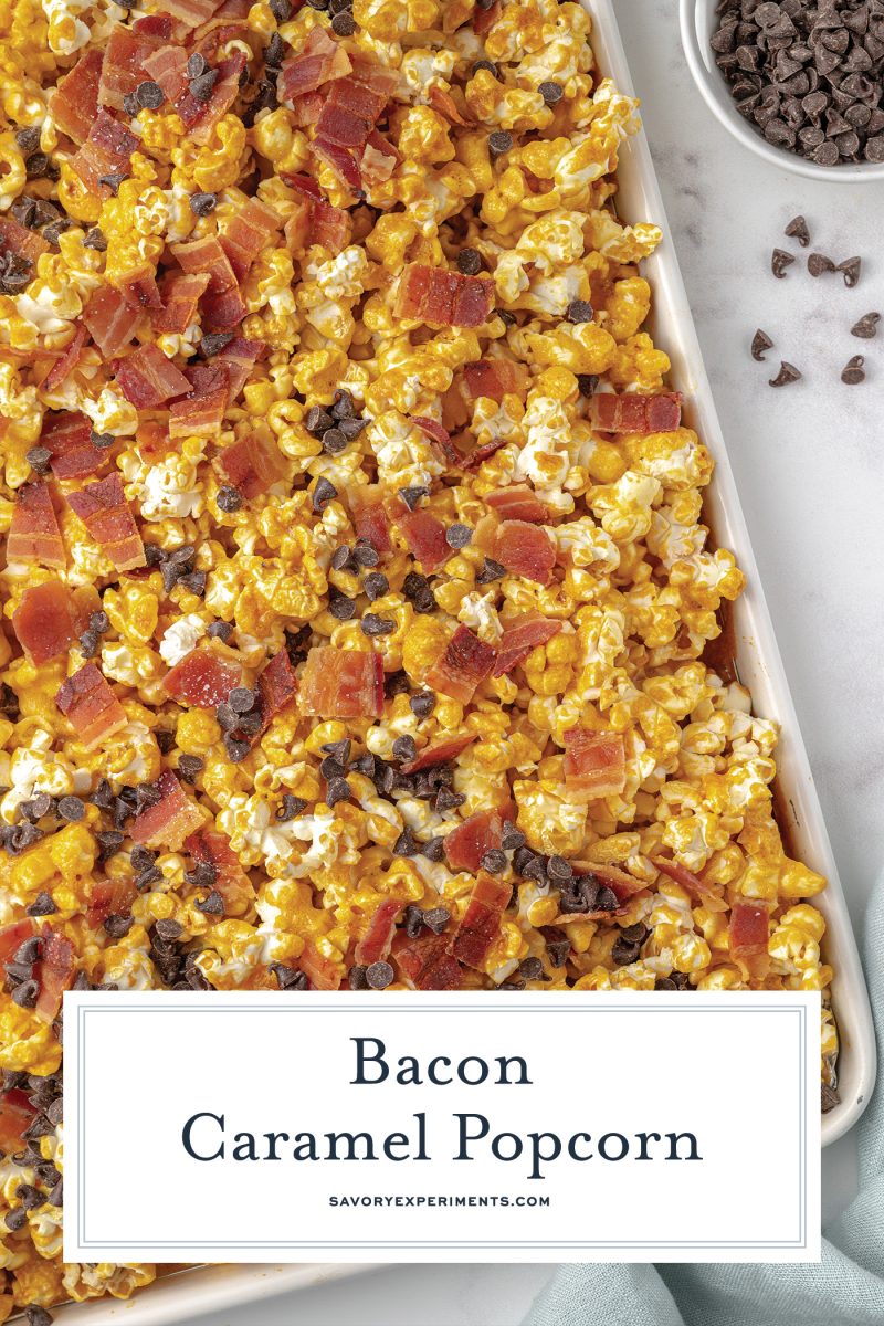 overhead shot of bacon caramel popcorn on sheet pan with text overlay for pinterest