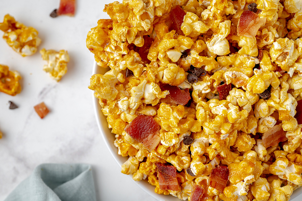 overhead shot of bacon caramel popcorn in bowl