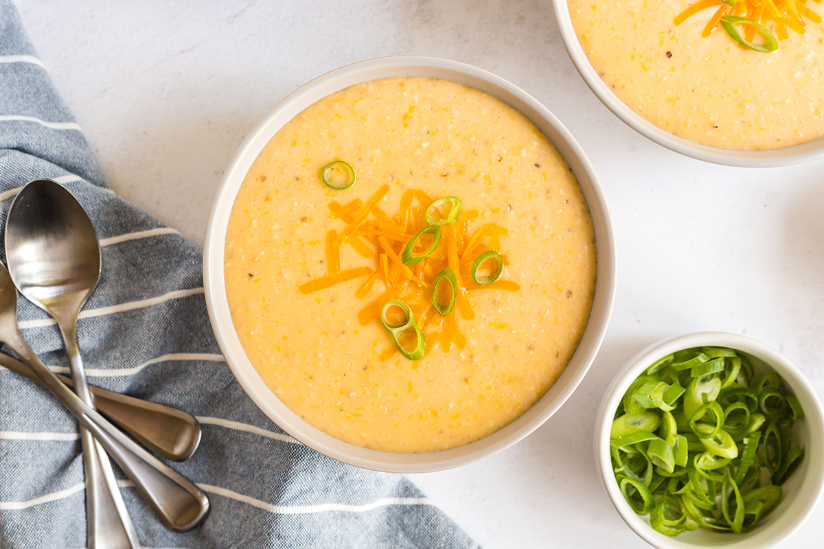 overhead shot of bowl of creamy cheddar grits