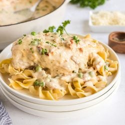 creamy garlic chicken on a stack of white plates