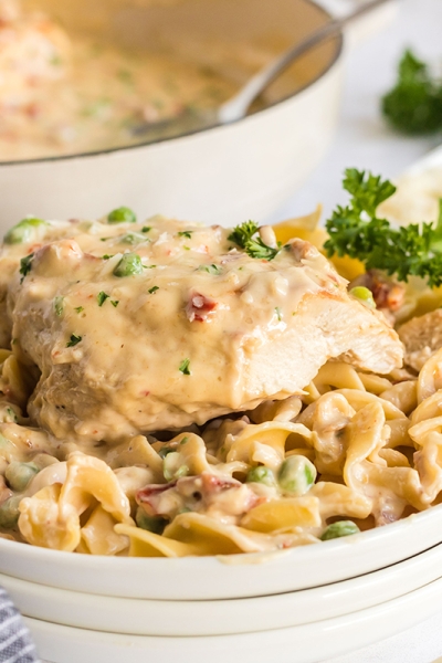 creamy garlic chicken over noodles on white plate