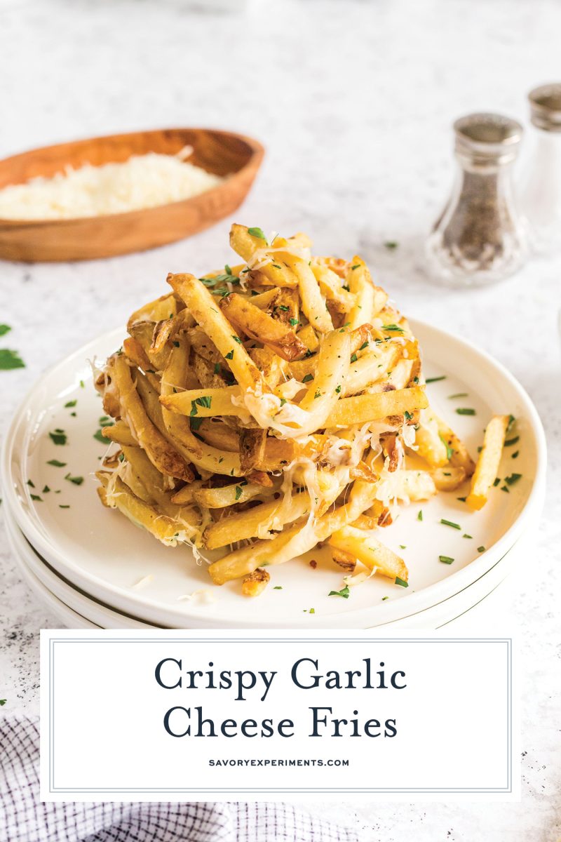 crispy garlic cheese fries with text overlay for pinterest