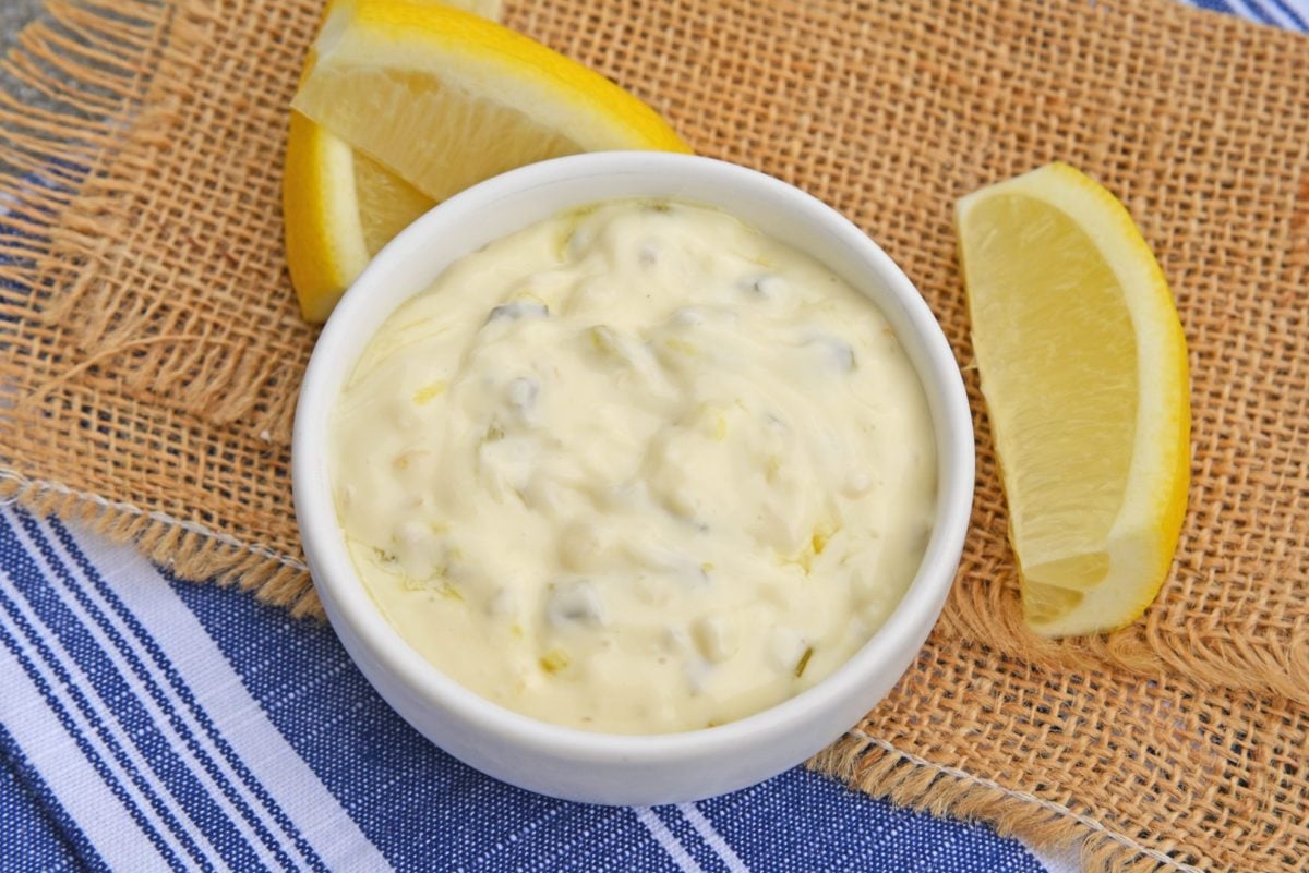 angle of tartar sauce in a serving bowl