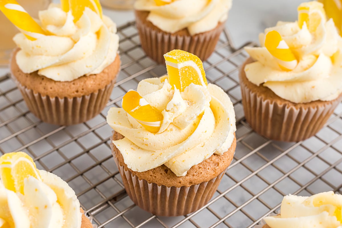close up of iced tea cupcake on a cooling rack