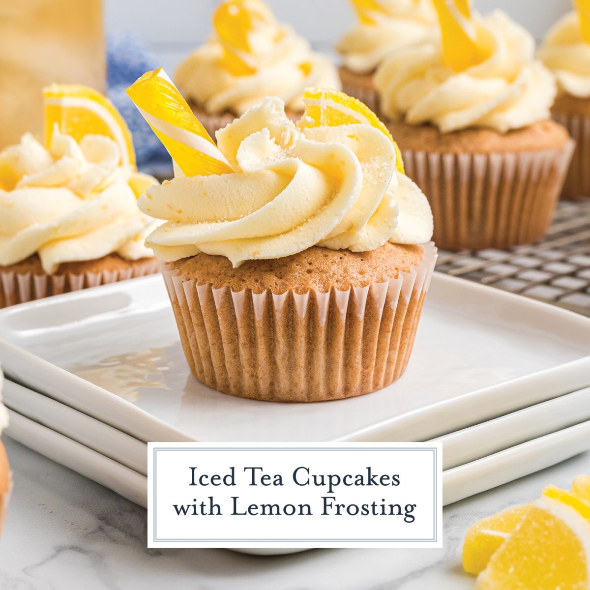 one iced tea cupcake on a white plate with text overlay for pitnerest
