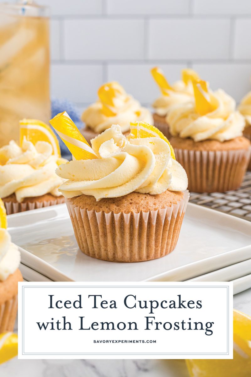 iced tea cupcake on a white plate with text overlay for pinterest