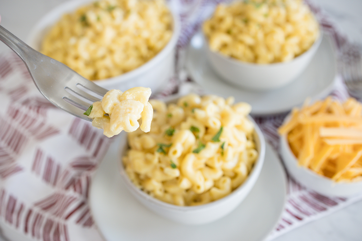 bite of mac and cheese on a fork