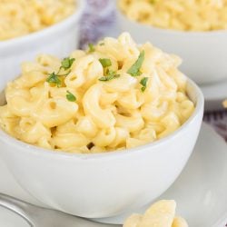 straight on shot of bowl of instant pot mac and cheese