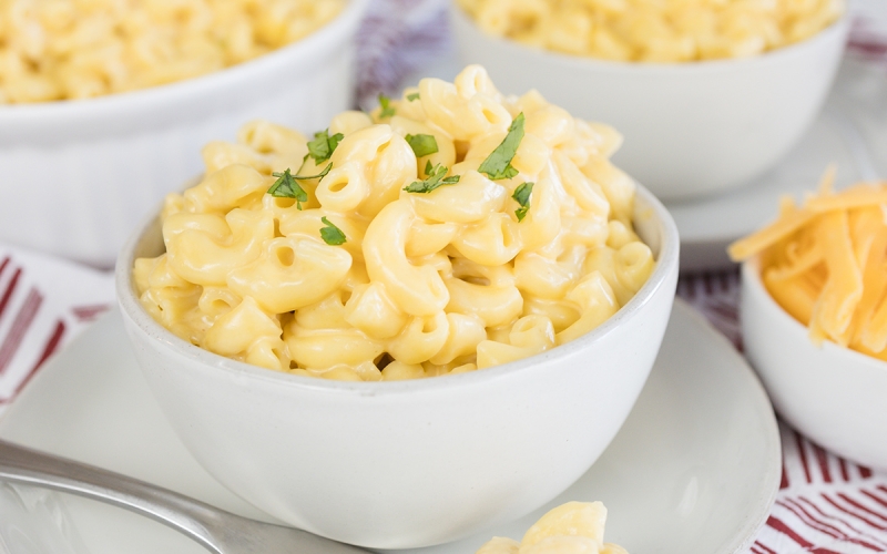 straight on shot of bowl of instant pot mac and cheese