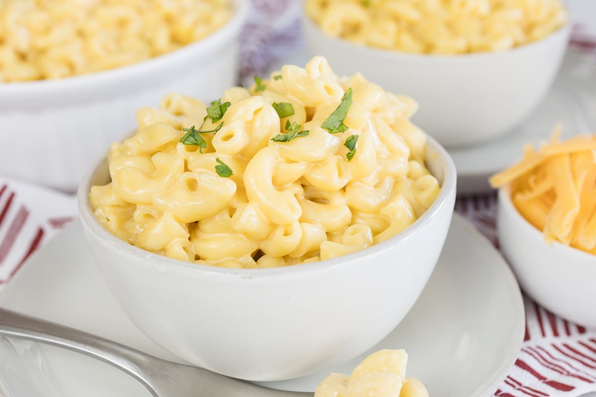 straight on shot of bowl of instant pot mac and cheese