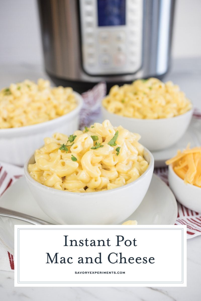 instant pot mac and cheese in a bowl with text overlay for pinterest