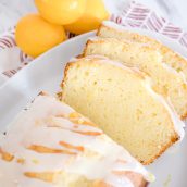 lemon pound cake sliced on a plate