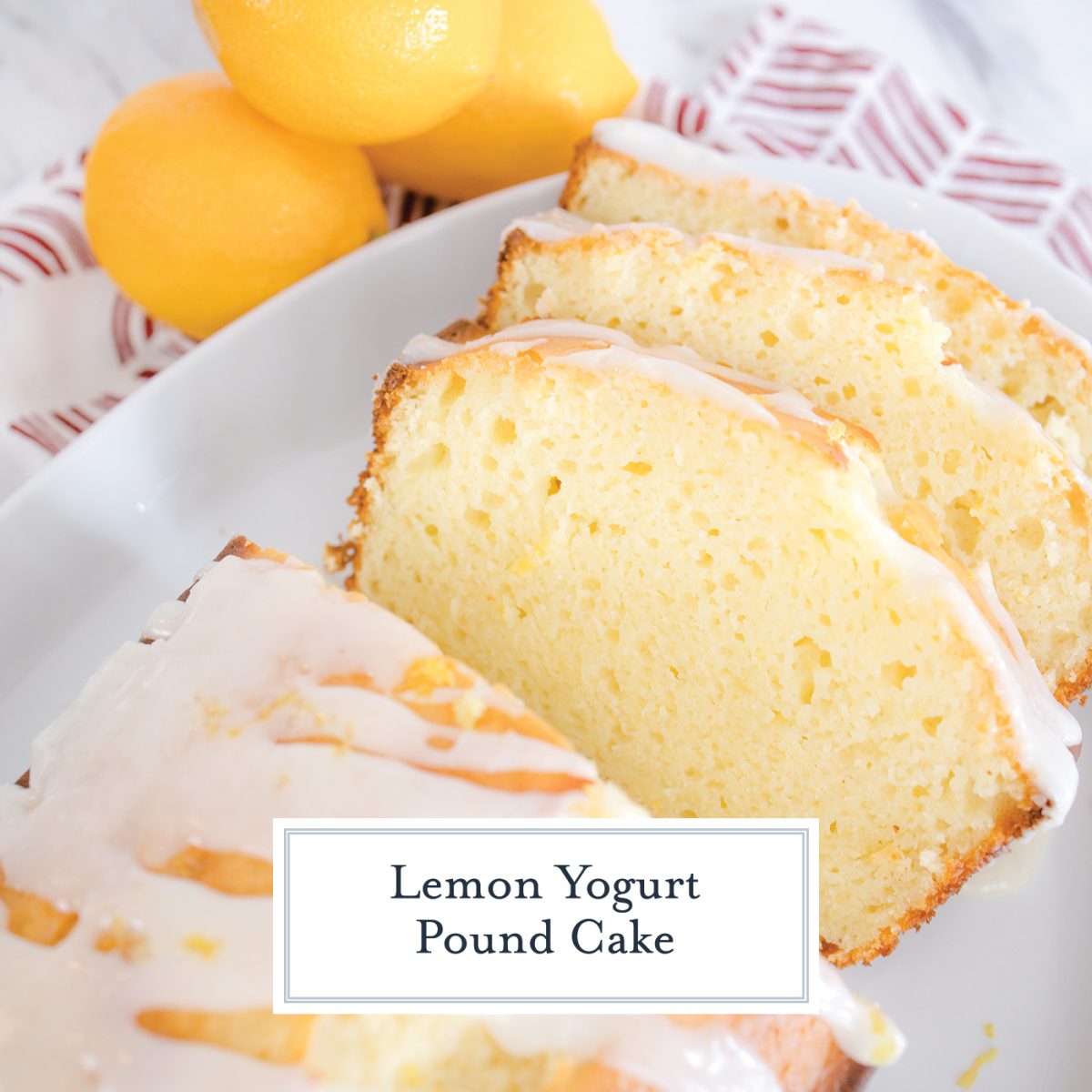 slices of lemon pound cake with text overlay for facebook