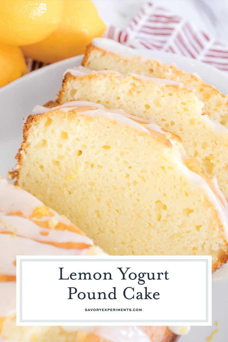 close up of lemon pound cake slices with text overlay for pinterest