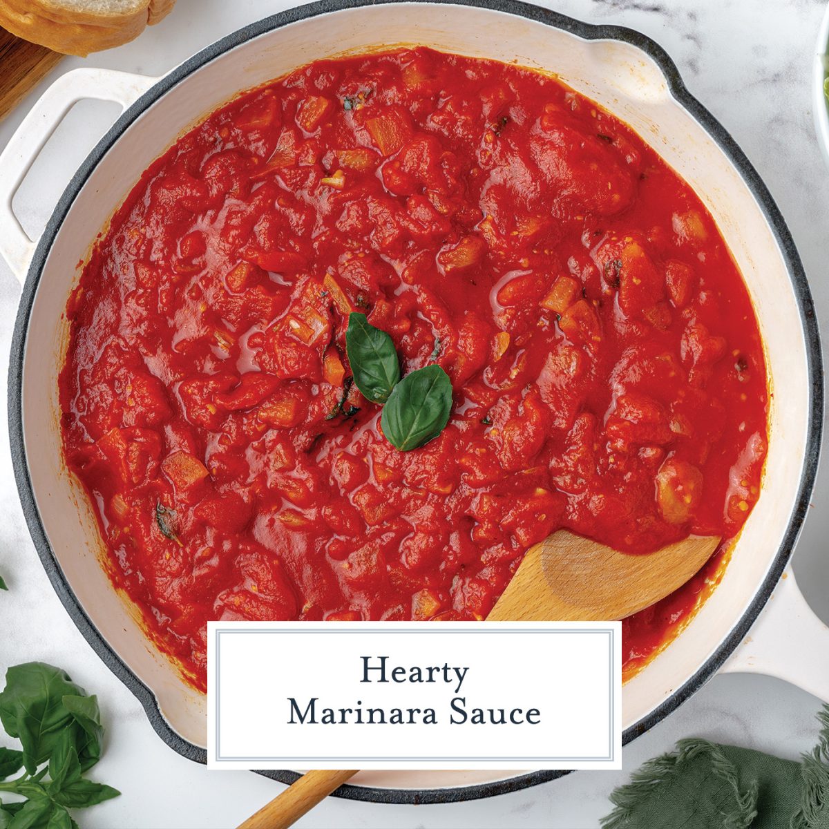 overhead shot of marinara sauce in a pan with text overlay for facebook