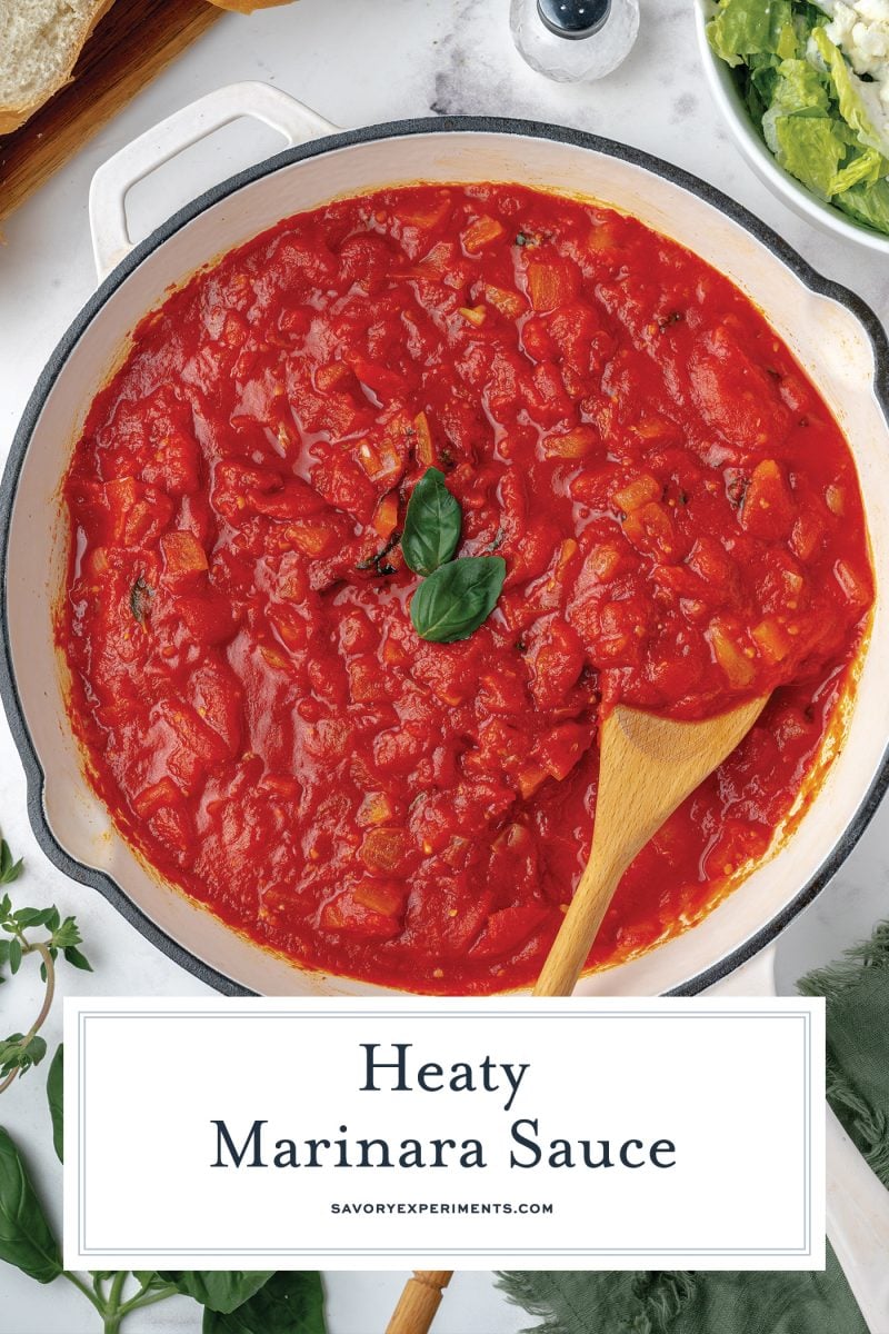 marinara in a pan with text overlay for pinterest