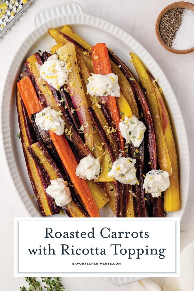 overhead shot of platter of oven roasted carrots for pinterest