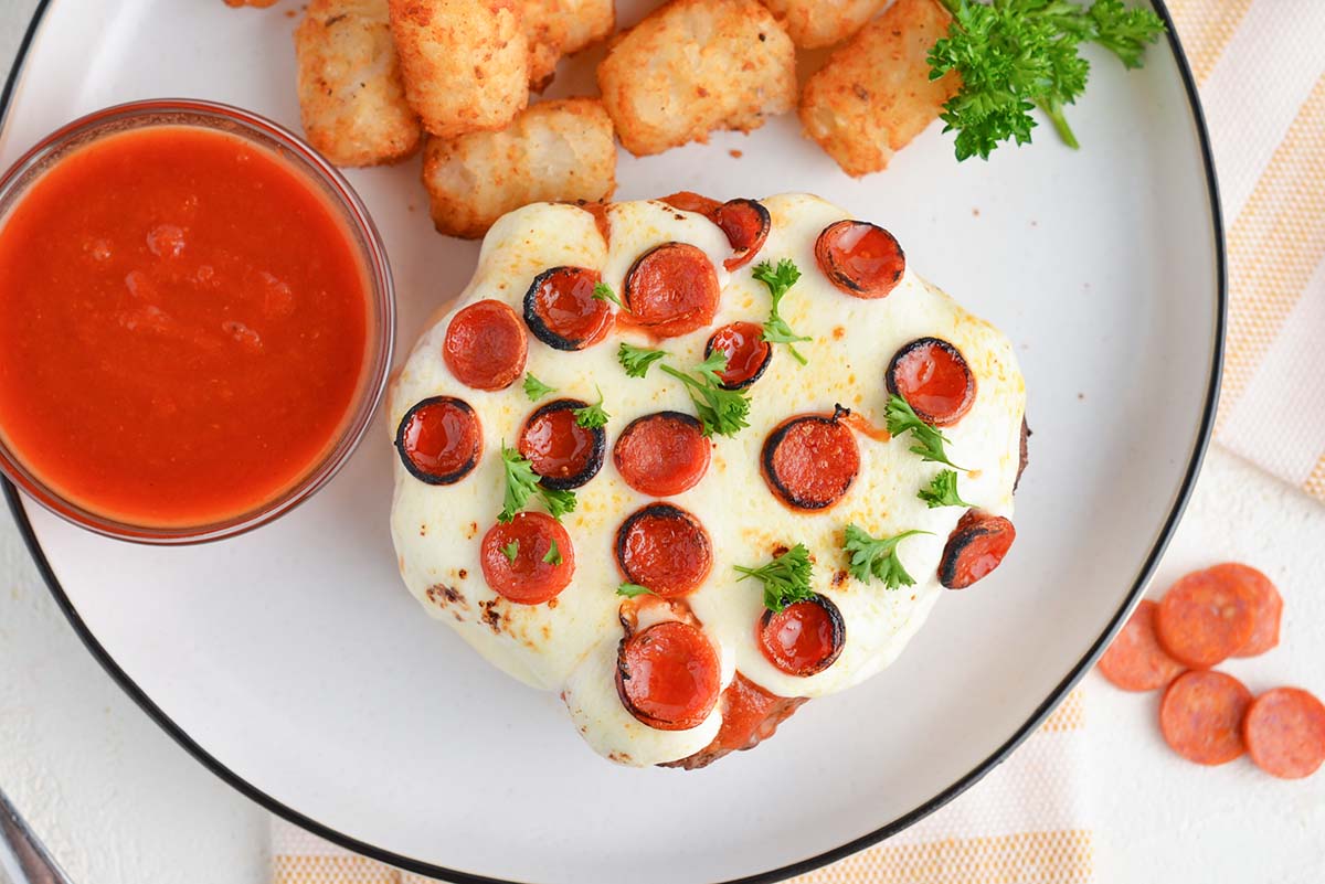 overhead open faced pizza burger with pepperoni 