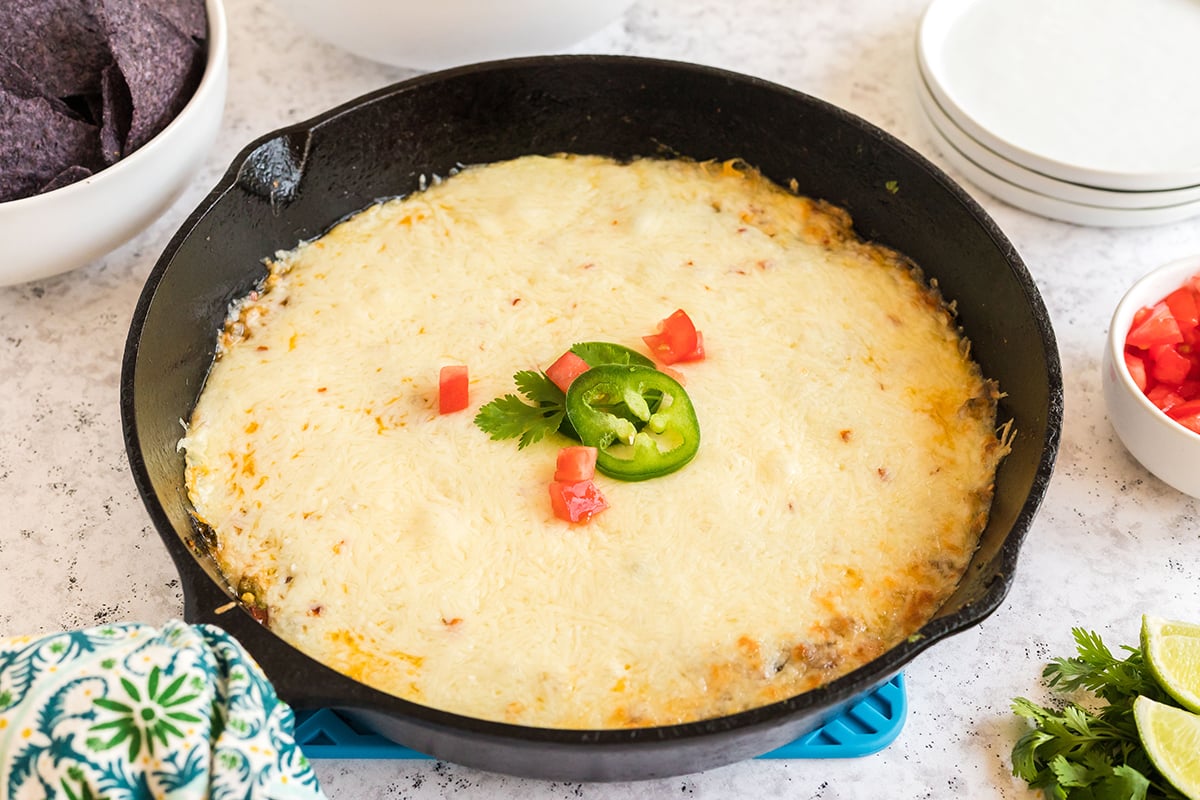 straight on shot of queso fundido in a skillet