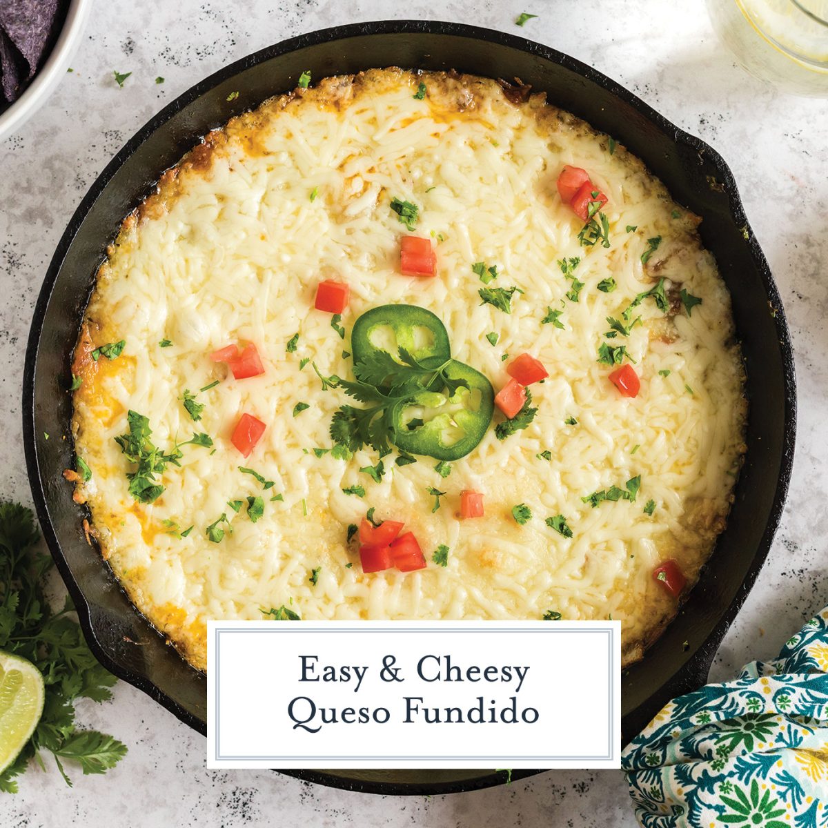 overhead shot of queso fundido with text overlay for facebook