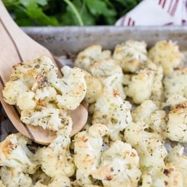 wooden spoon with roasted cauliflower