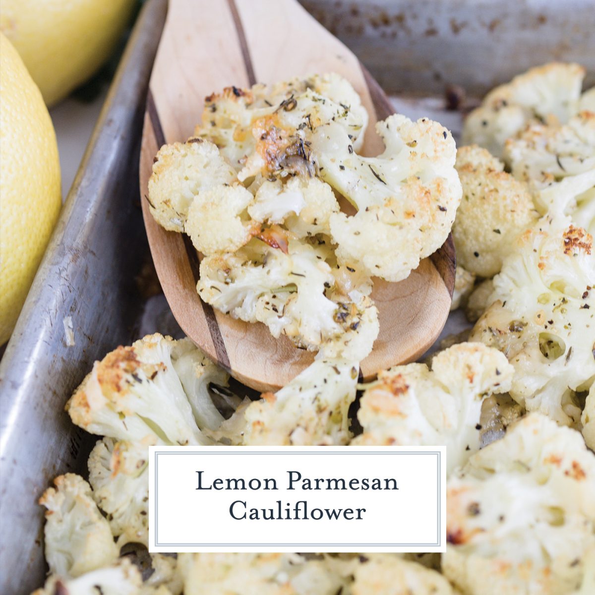 close up of a wooden spoon with roasted cauliflower