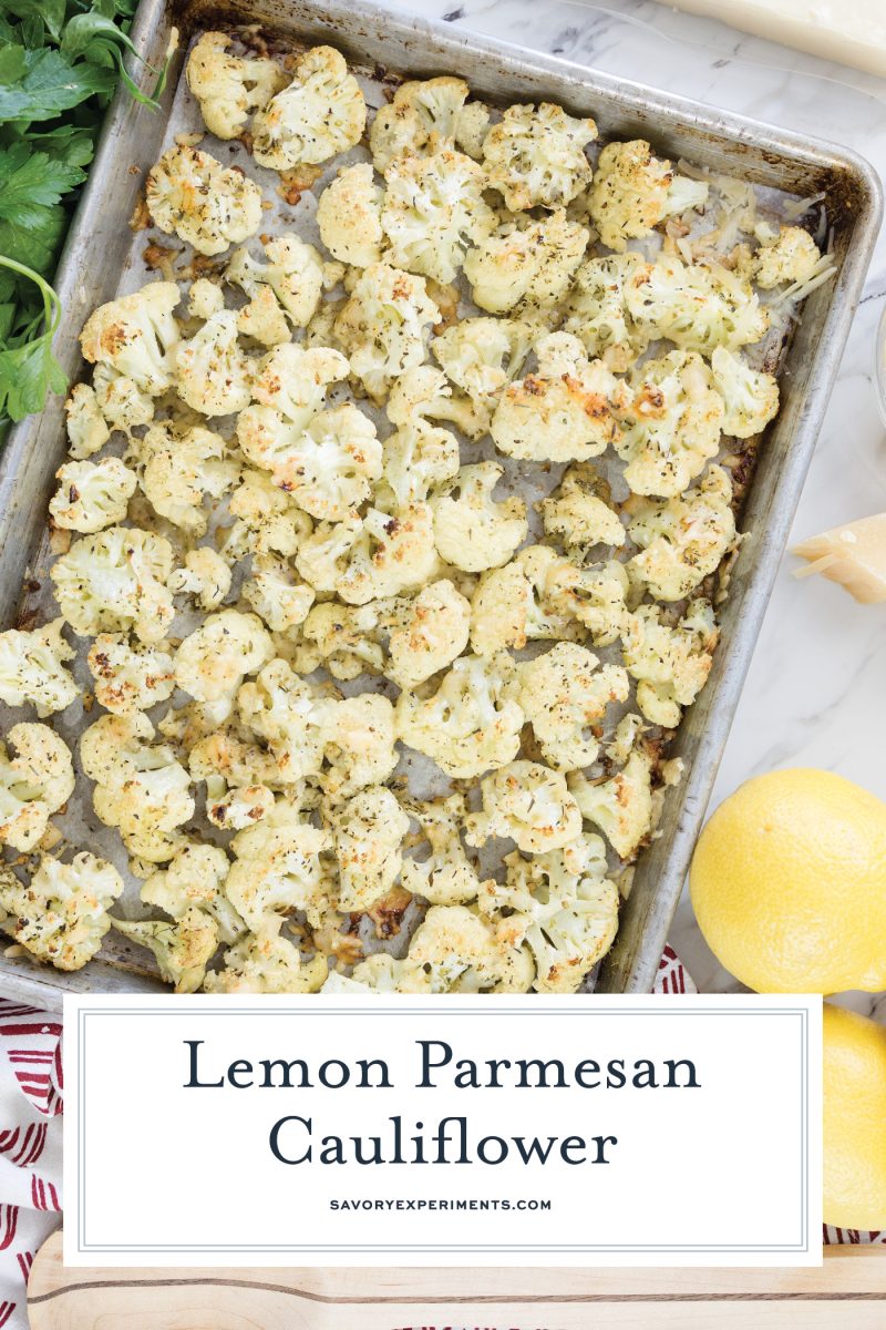 overhead of roasted cauliflower on a baking sheet 