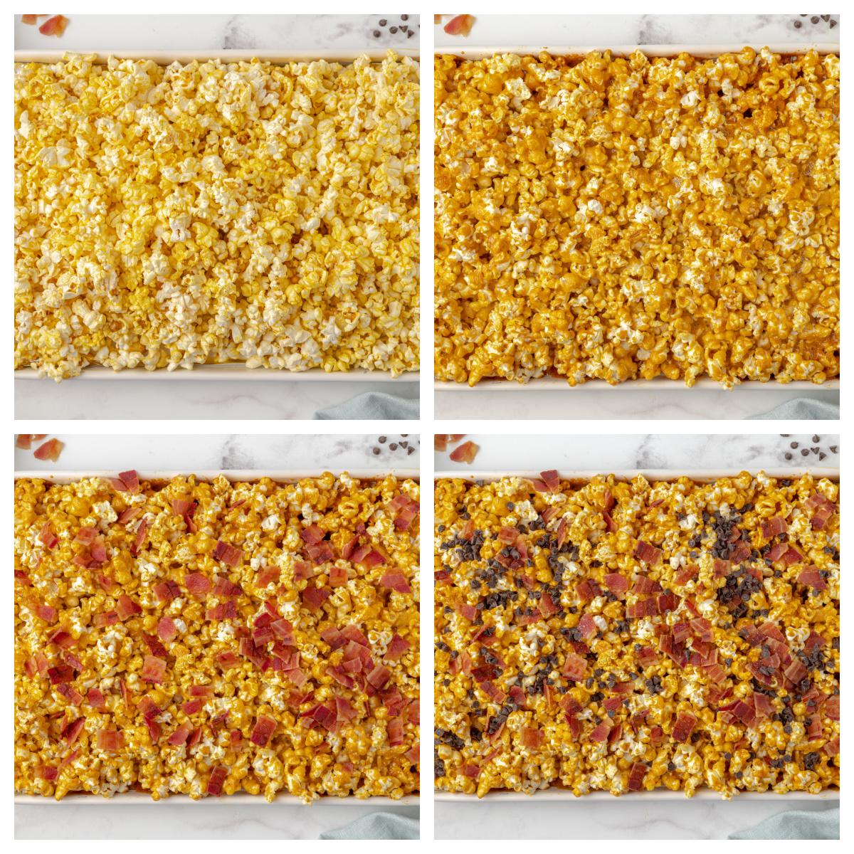 collage of how to make bacon caramel popcorn