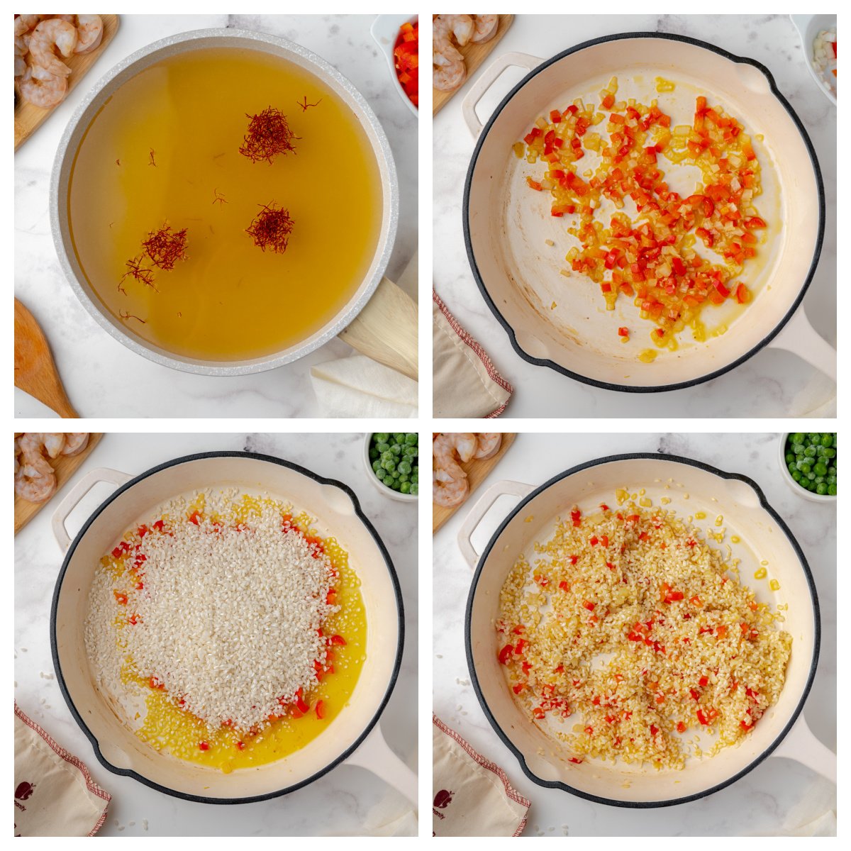 step-by-step images of how to make paella- soften saffron, make sofrito and toast rice 