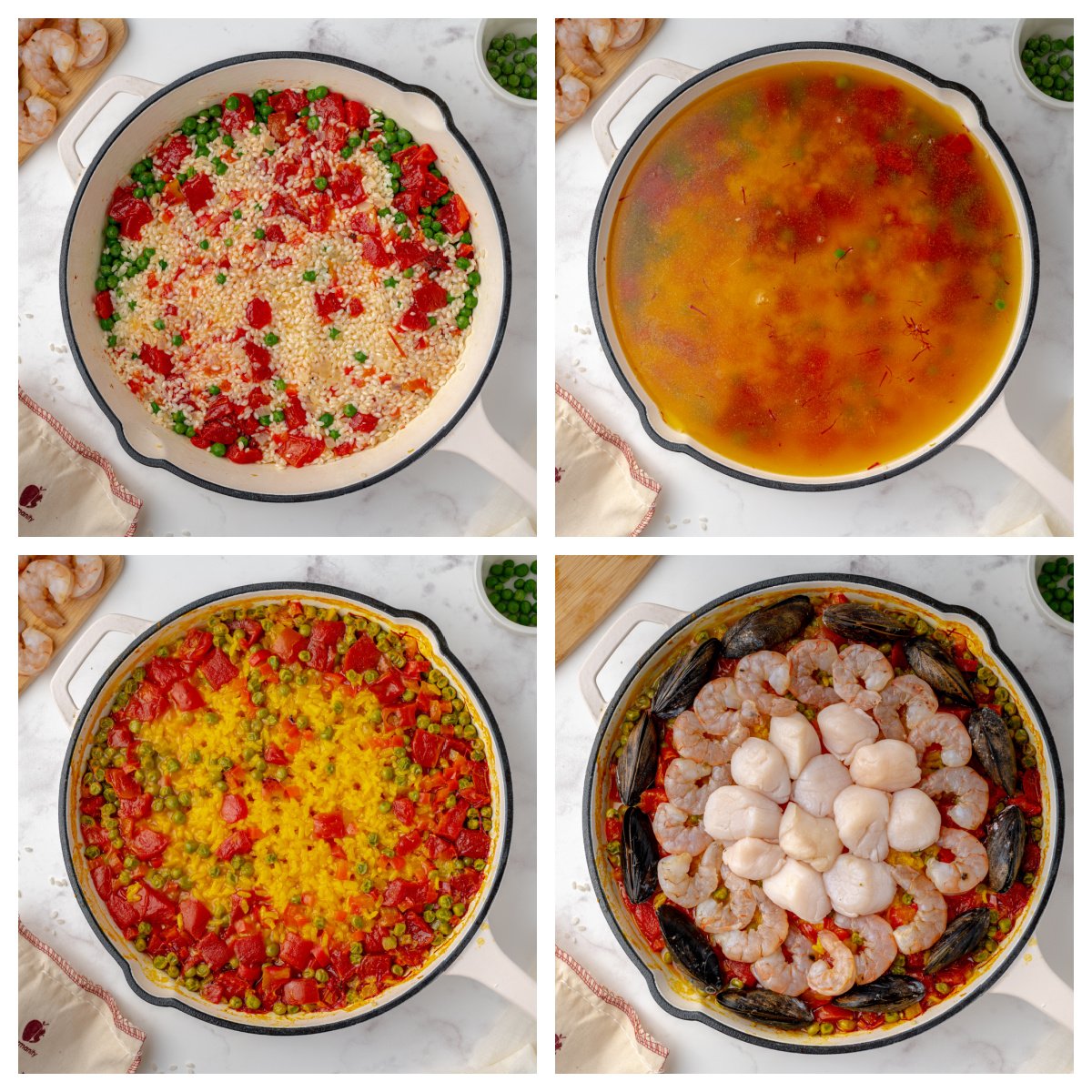 step-by-step how to make paella- adding broth and seafood 
