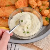 spoon dipping into tartar sauce