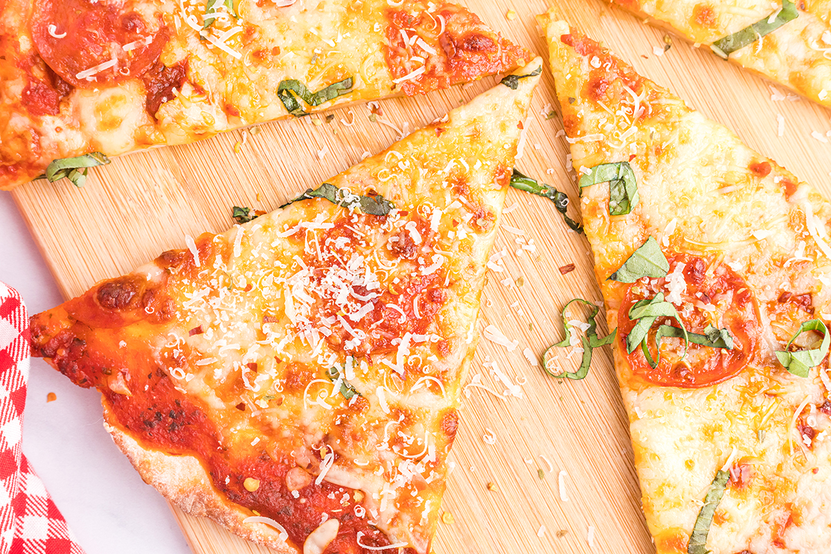 overhead shot of slices of 2 ingredient pizza dough pizza