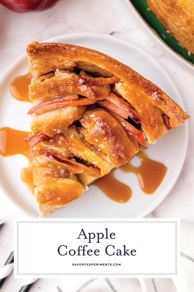 close up slice of apple coffee cake with caramel sauce 