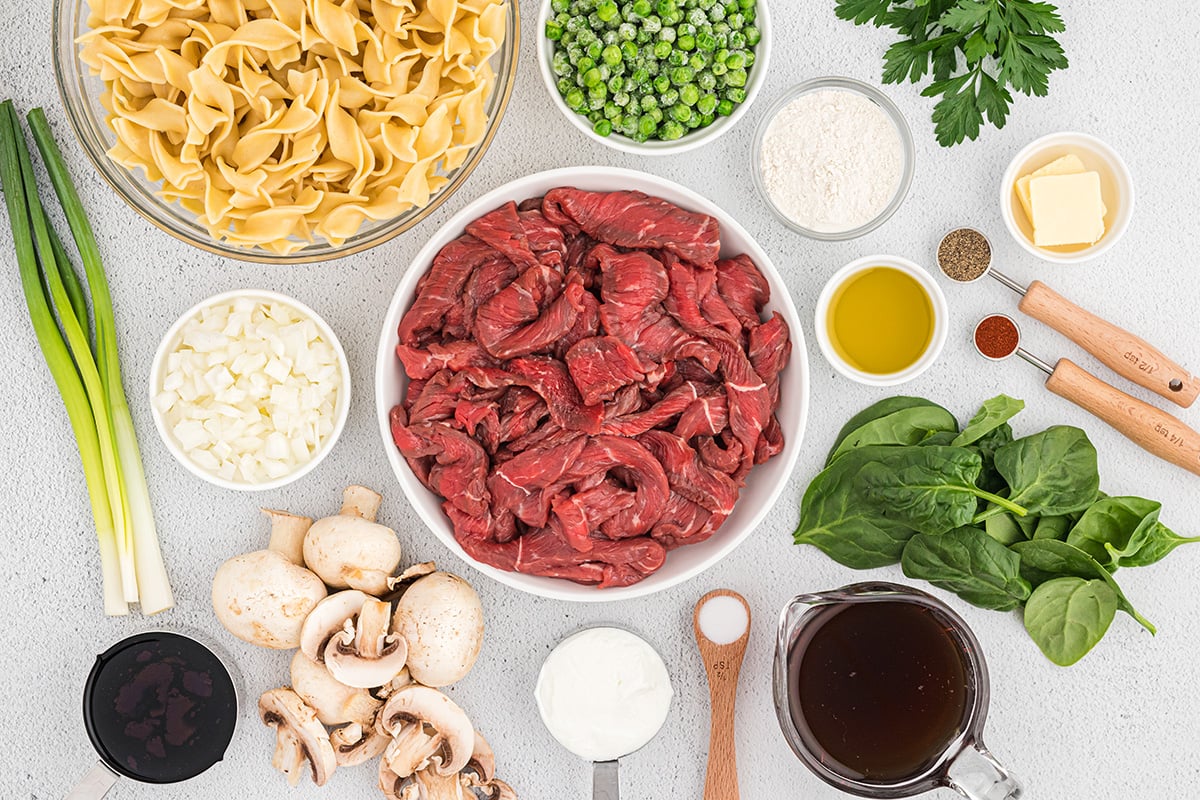 overhead shot of beef stroganoff ingredients