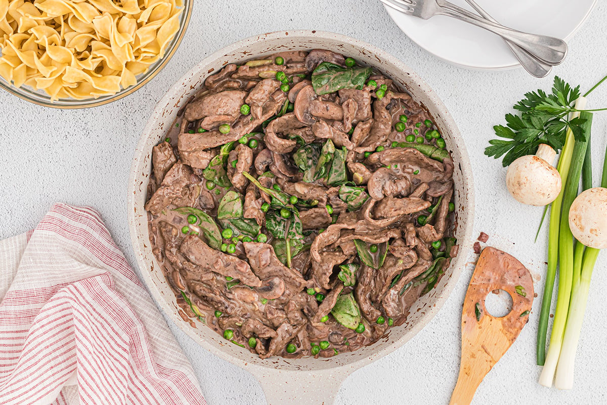 beef stroganoff in gravy in a skillet 