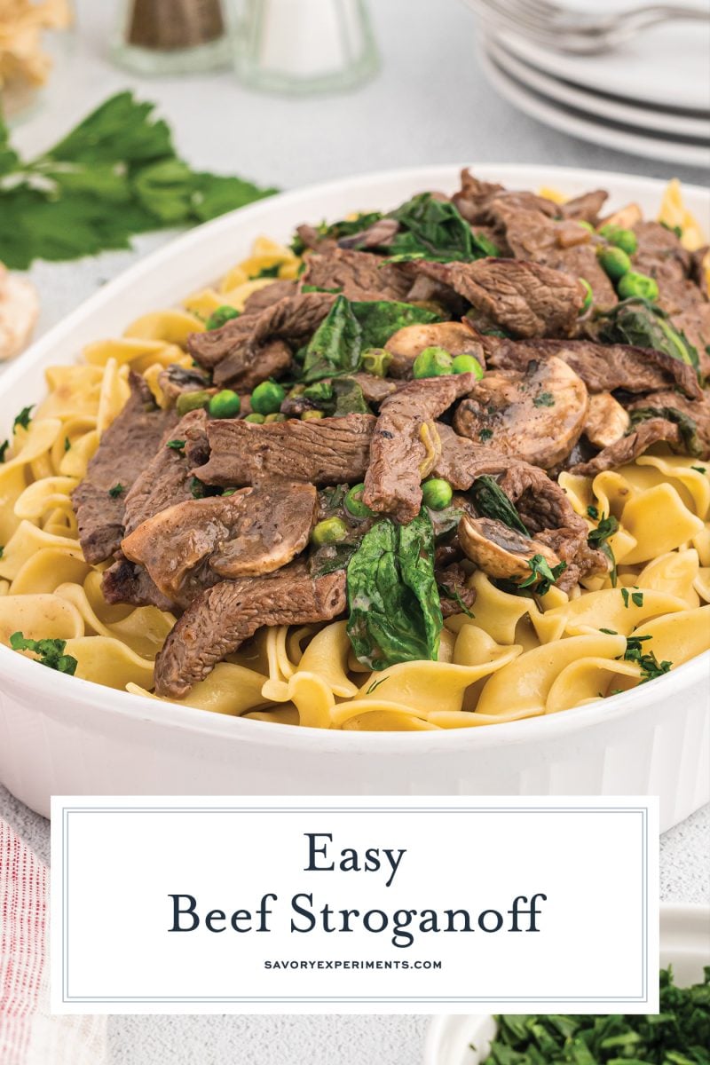 close up of beef stroganoff in a serving dish 