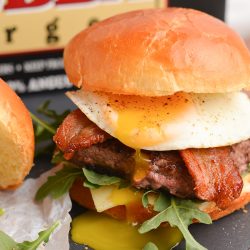 breakfast burger with a runny egg