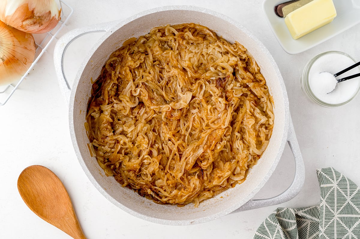 overhead shot of caramelized onions in a pan