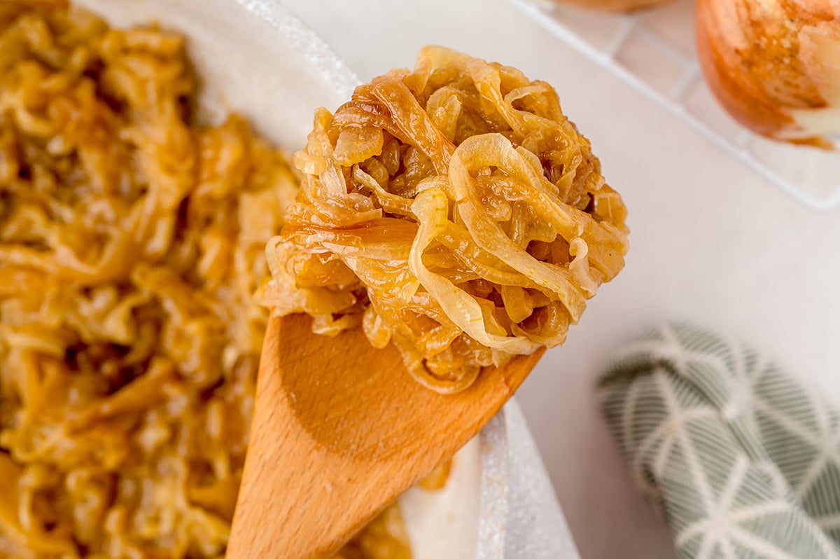 caramelized onions on a spoon