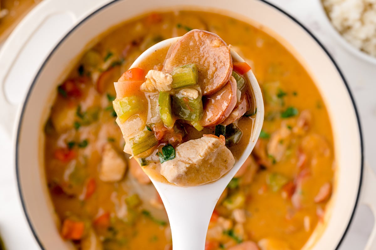 close up of gumbo in a white ladle 